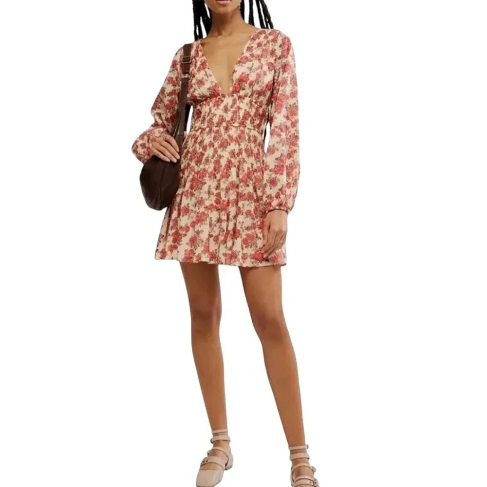 Free People Keep You Smocked Mini Dress Long Balloon Sleeve V Neck Size M